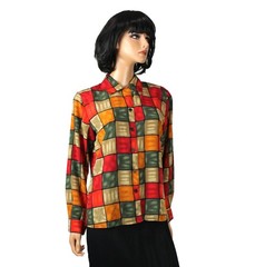 Vintage 90s Blouse Sz M Notations Funky Red Green Yellow Checkered Dress Shirt