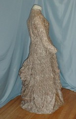 Charming Antique Bustle Dress Victorian 1880 Beige Printed Cotton