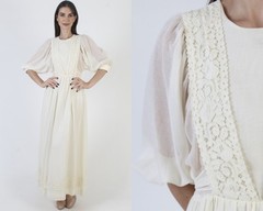 Vtg 70s Prairie Dress Boho Wedding Gown Cottagecore Peasant Plain Lace Bridal