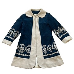 Vintage 1970s coat womens small navy blue faux suede white embroidered flowers