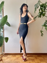Vintage 80s Contempo Casual Black Ribbed Bodycon Maxi Dress S/M 90s Supermodel