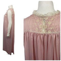 1960s 70s Pink Lace Nightgown Sheer Nylon Romantic Lingerie Womens M