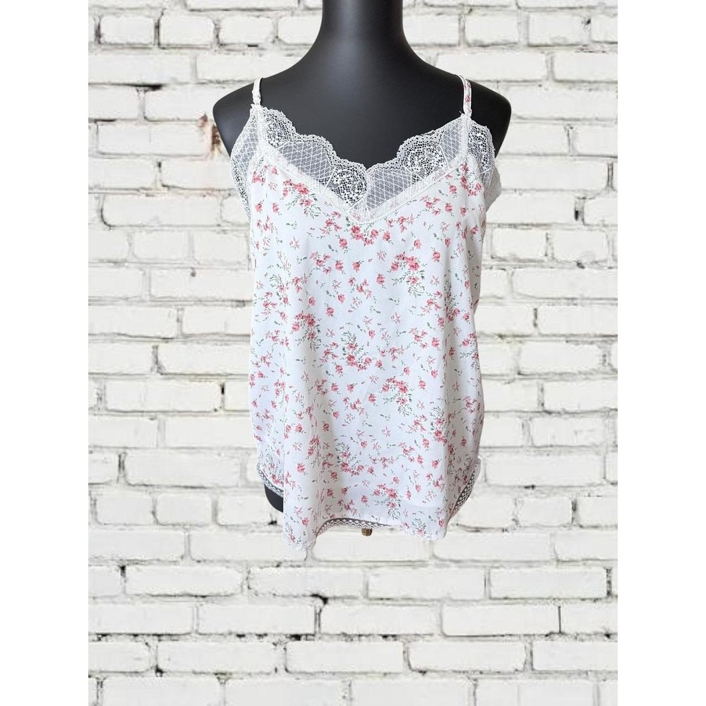 Heyson Cami Top Womens Small White Pink Floral Lace Trim V-Neck Adjustable Strap
