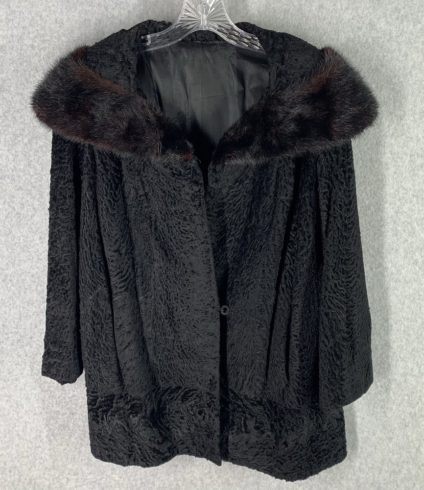 VTG Black Persian Lamb Broadtail Coat Mink Fur Collar Glam Classic S/M Old Money