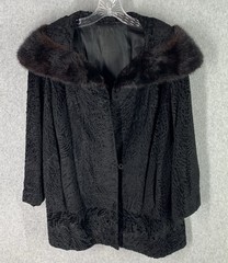 VTG Black Persian Lamb Broadtail Coat Mink Fur Collar Glam Classic S/M Old Money
