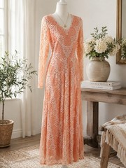 Vintage 80s RAMOLE CLASSIC Peach & White Elegant Lace Lined Maxi Dress Sz Medium