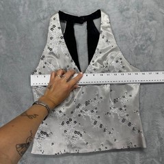 Vintage Silver Floral Brocade Halter Top 90s Y2K Evening Blouse Zip Back