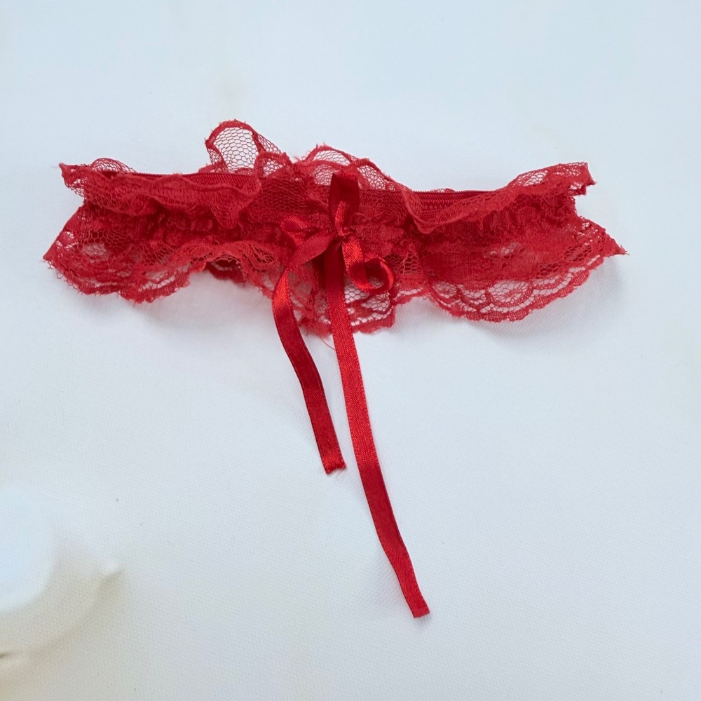 Vintage Red Lace Bridal Garter Small Stretch Wedding Leg Band Satin Bow Sz S