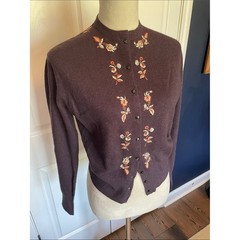 Vintage 50s Lux Luisa Spagnoli Brown Wool Embroidered Button-Front Cardigan Sz S