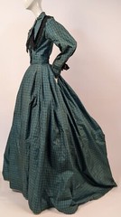CIVIL WAR 1860’S GREEN WINDOWPANE SILK DRESS W VELVET + TRAIN