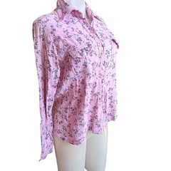 True Vintage Top Large Pink Floral Button-Up Peplum Shirt Long Sleeves Western
