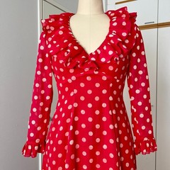 1970s Red Polka Dot Maxi Dress Ruffle Neck Prairie Empire Waist Summer Retro