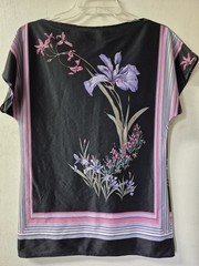 Vintage 70’s 80’s Black Jersey Silk Painterly Orchid Pinstripe Borders Size S