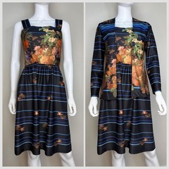 Vintage 1970s Black Floral Sleeveless Dress and Matching Top Set 70s Vivente! XS