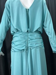 Vintage 80s Light Aqua Draped Maxi Dress Long Sleeve Made in USA Sz 12 Polyester