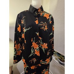 Vintage 70s 2-Piece Black and Orange Maxi Dress and Mandarin Jacket Size Large