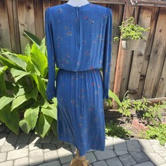 VTG Joseph Magnin Dress Sz XS/S Blue Floral Long Sleeves Knee Length Retro 70s