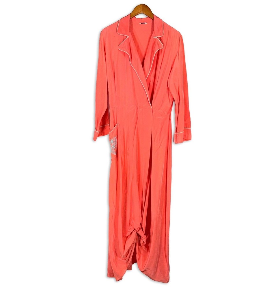 Vintage Lyn Delle Coral Lounge Robe Maxi Embroidered Pocket Boudoir USA