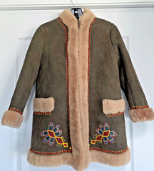 Vintage Shearling Coat Hippie Embroidered Sheepskin Suede Penny Lane Boho S XS
