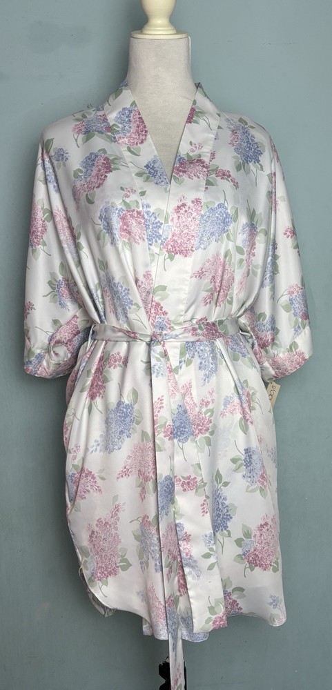 Vintage Laura Adams Satin Chemise Nightgown Robe Hydrangea 2 Pc Set L NWT