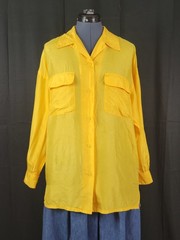 Vintage Bonjour Yellow Oversized Silk Blouse w Button Down & Flap Pockets Size M