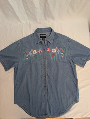 Vtg 90’s Cross Word Size Large Denim Embroidered Floral Button Up Shirt Women’s