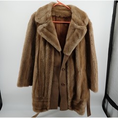 Vintage Furrage Tissavel France Faux Fur Coat Brown Belted Mid Length Jacket