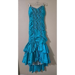 Vintage Zum Zum Teal Satin Sequin Mermaid Prom Dress Bow 80s 90s Size 10