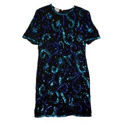Stenay Womens XL Black Blue Beaded Sequin Silk Shift Dress Vtg Cocktail Glam