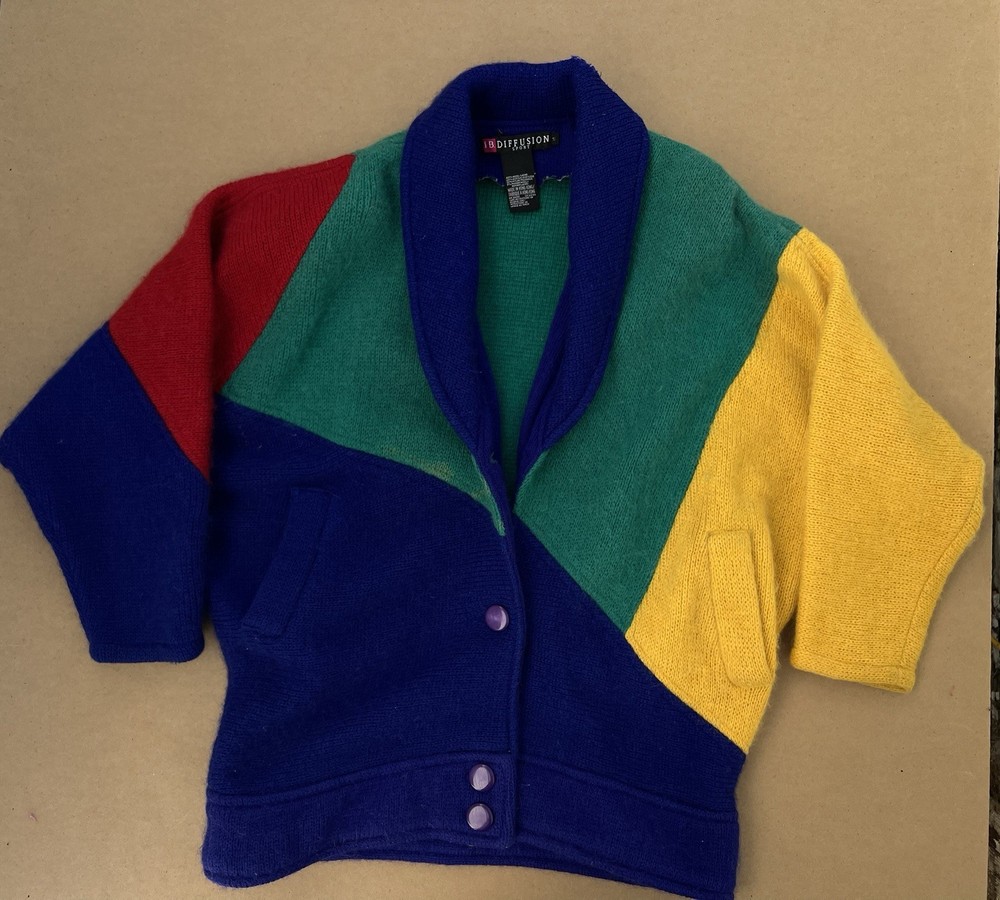 VTG IB Diffusion Sport Wool Womens Sz M Cardigan Color Block Sweater Jacket 80s
