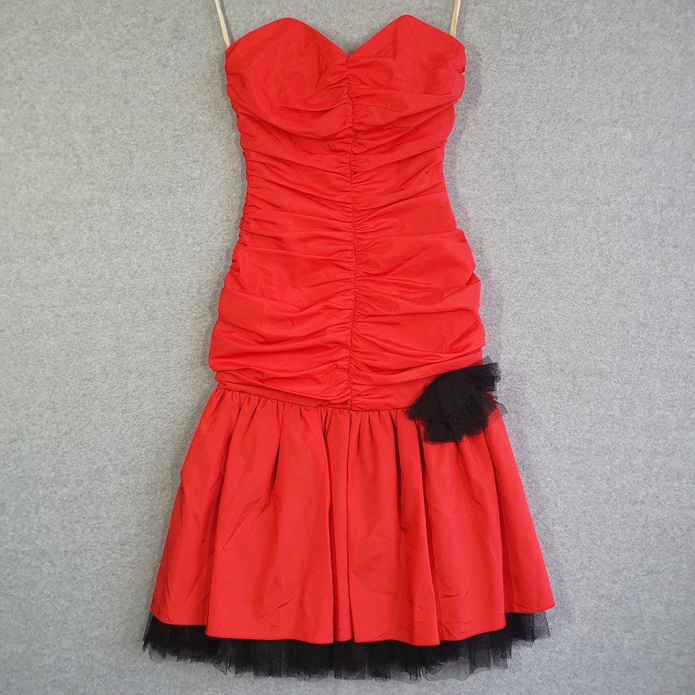 VTG Newsflash Dress Sz 8 red Black Strapless Ruffle Tulle 80s Disco Prom Costume