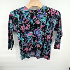 Vintage Forenza 80s Paisley Print Top 3/4 Sleeve Black Teal Pink Med Made in USA