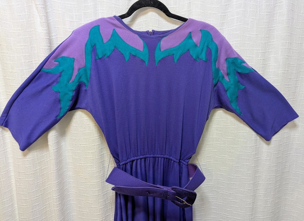 Vintage 1980’s Peter Popovitch Dress XS–S Plum Teal Appliqué Belted Power Look.