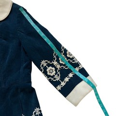 Vintage 1970s coat womens small navy blue faux suede white embroidered flowers