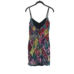 Black Tie Oleg Cassini Vintage Silk Sequin Harlequin Diamond Mini Dress Sz 4
