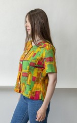 Vintage 90s Abstract Art Print Blouse Green Orange Pink Yellow Maximalist Sz M