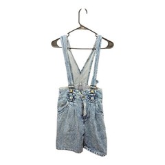 Vintage Small 26 Waist Denim Shortalls Acid Wash 80s 90s Overalls Romper Bows