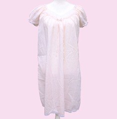 Vintage 80s Miss Elaine Nightgown Pink Stripe Lace Union Made USA Puff Sleeve S