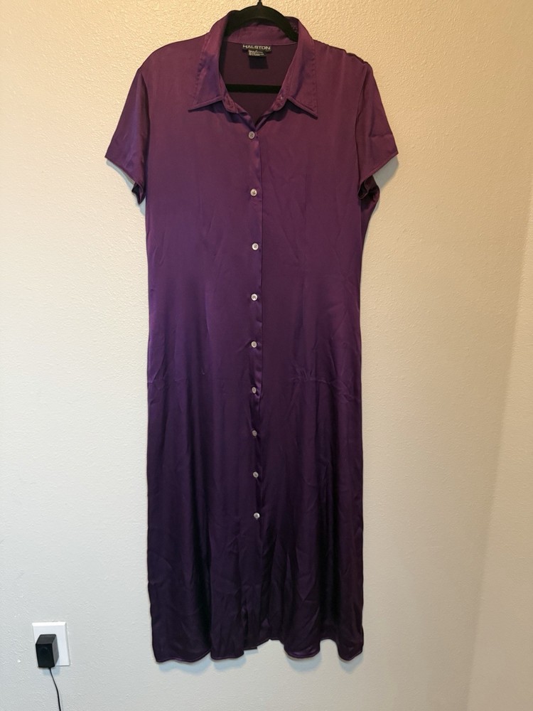Halston Sz 13 Shirt Dress Purple Silk Long Button Down Front Purple 1990s VTG