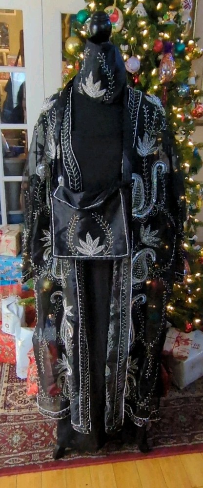 Vintage 80s Tan Chho Black Beaded Sequin Duster Dress 4 Piece Set, Women’s 2X