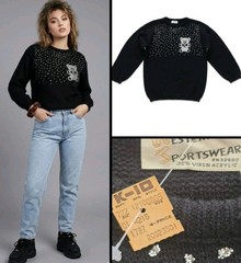 Vtg 90’s Western Sportswear Black Glitter Teddy Bear Sweater Deadstock! Size S/M