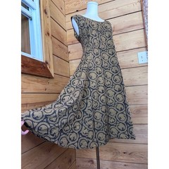 Vintage Organic Cotton Block Print Dress Small Brown Paisley Midi Maiwa Boho Gol