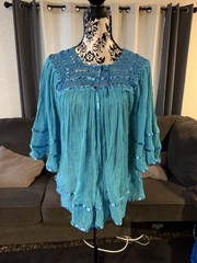 Vintage Mexican Turquoise Gauze Butterfly Arm Blouse Size medium
