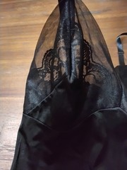 Vtg 70s black nylon lace chiffon trim Full slip dress Size S M ? glam goth READ