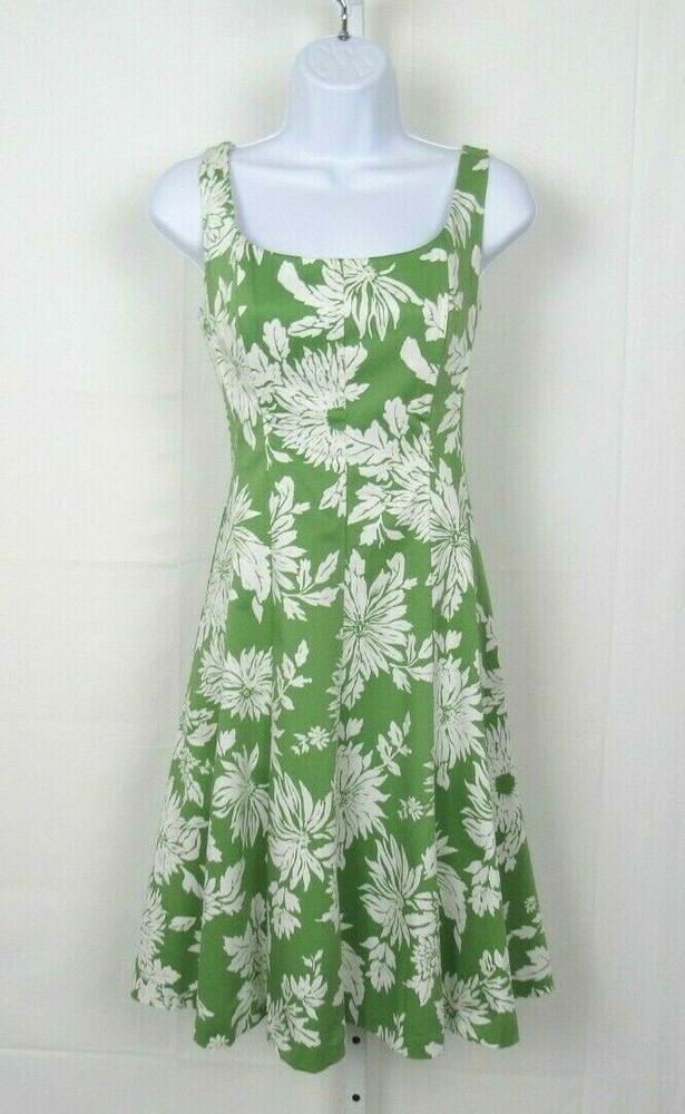 VTG 1990s 2000s JONES WEAR DRESS GREEN WHITE FLORAL SIZE 4 COTTON SPANDEX BLEND