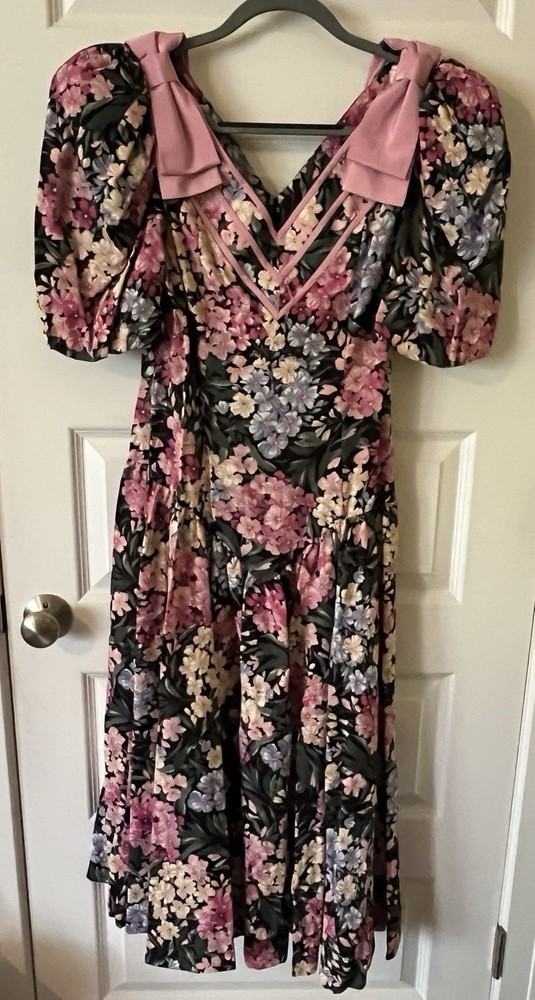 Vintage 80’s 90’s Lady Carol Pink Bows Floral Cottage Core Dress Size 12 EUC