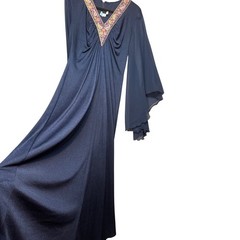 Vintage 70s? Kaftan Maxi Gown V-Neck Angel Sleeve Navy Blue M/L Boho Retro Glam