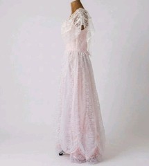 Vintage Union Made Lace Dress Gown Pink White Bows Victorian Prairie 70s 80s