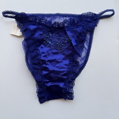 VTG Fredericks Of Hollywood Blue String Bikini Panties Large Beads Lace Satin