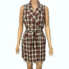 90s VTG Tartan Plaid Sleeveless Blazer Dress 9/10 Double Breasted Mini Preppy